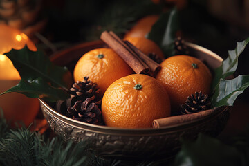 close-up bowl with ripe mandarins surrounded by pinecones and cinnamon sticks with warm ambient lighting