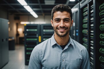 Fototapeta premium Close portrait of a smiling young Jordanian male IT worker looking at the camera, against dark server room blurred background.