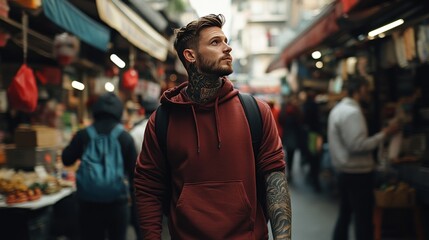 Young Man with Tattoos Walks Through Busy City Market