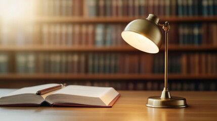 Warm light illuminating an open book on a desk with a vintage brass lamp, quill and antique books...