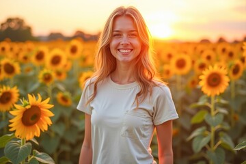 Smiling woman in beige shirt standing in sunflower field. Mock up for business and advertising