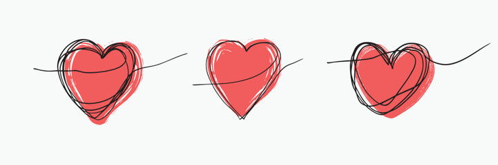 Hand drawn Love symbols. Hearts, vector, isolated, free hand. Valentine´s day doodles. One continuous drawing.