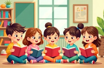 children reading books together on floor in cozy library. national read across america day celebration. educational concept promoting literacy. school poster, educational cartoon illustration