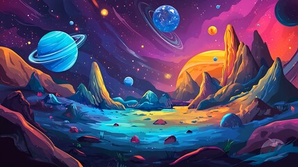 Fototapeta premium A vibrant cosmic landscape featuring planets, mountains, and a colorful sky.