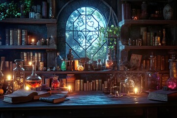 Obraz premium A mystical alchemist’s laboratory with ancient books, glowing potions, and intricate glassware, illuminated by candlelight