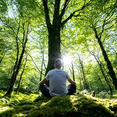 Fototapeta premium Serenity in Nature, a person finds tranquility leaning against a sturdy tree, surrounded by lush greenery and the gentle whispers of the breeze.