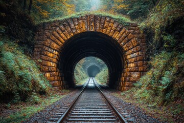 Old tunnel on abandoned railway track surrounded by lush forest landscape