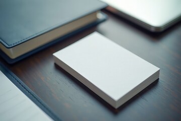 Blank business cards on a wooden desk with notebooks.  Mock up for business and advertising