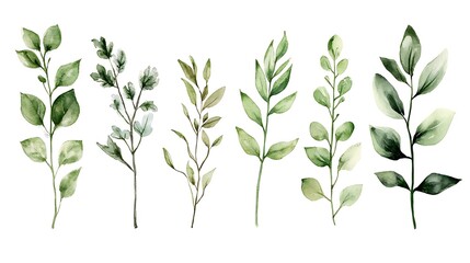 Obraz premium Green Leaf Collection: Artistic Watercolor and Detailed Digital Illustrations Featuring Clovers, Tropical Leaves, Falling Foliage, and Textured Dry Leaves - Perfect for Nature-Themed Designs and Decor