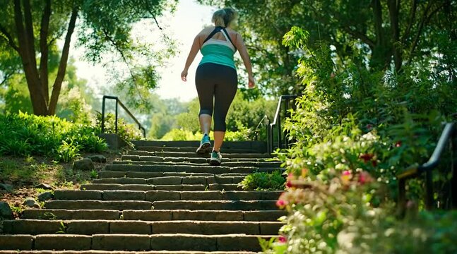 Overweight Woman Going Up Stairs in the Park - Health and Fitness Journey