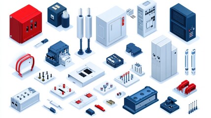 Isometric electric switchboard showing a transformer distribution board electric breaker switchbox and power switch panel Includes electricity equipment energy components and red