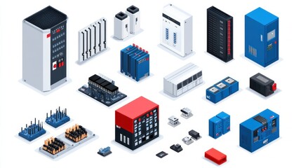 Isometric electric switchboard showing a transformer distribution board electric breaker switchbox and power switch panel Includes electricity equipment energy components and red