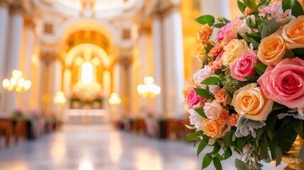 Obraz premium Stunning wedding ceremony with colorful roses elegant church floral arrangement serene ambiance close-up love and celebration