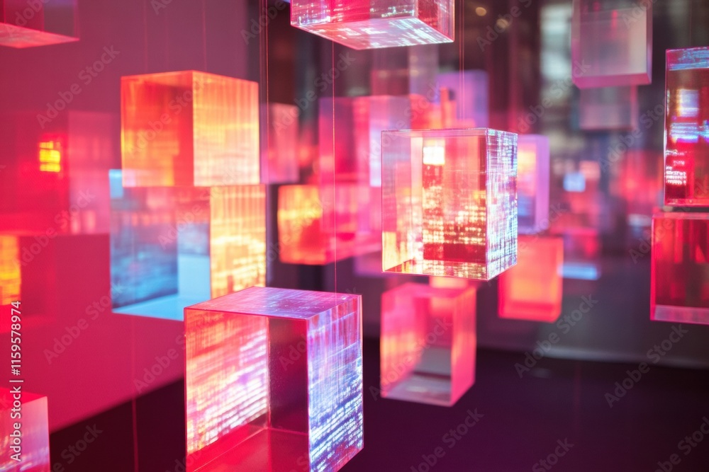 Aufkleber Floating abstract cubes display digital text and symbols, creating an immersive visual experience in a modern space. Generative AI