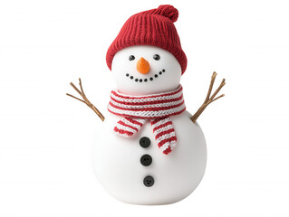Cheerful Snowman with Red Knit Hat and Striped Scarf Standing Against a White Background Perfect for Holiday and Winter-Themed Designs