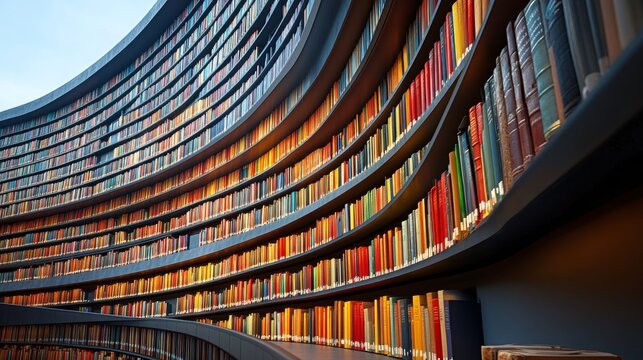 Long corridor lined with shelves filled with colorful books in an old library setting