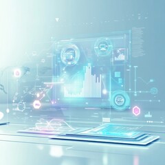 Futuristic holographic data display on digital devices.