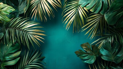 Tropical leaves in rich green tones with a teal backdrop