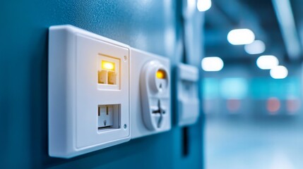 Light switches and a fan regulator displayed on a switchboard