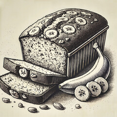 Vintage Woodblock Style Banana Bread Illustration with Natural Elements