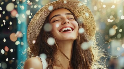 Cheerful woman in a hat enjoying sunlight outdoors