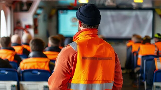 Maritime instructor wearing high visibility vest conducts a safety briefing for crew members in the ship's training room, enhancing their knowledge and preparedness for potential emergencies at sea