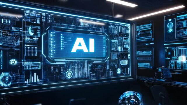 A futuristic control room with multiple screens showing the text AI alongside real-time data, emphasizing its role in data analysis and operational efficiency
