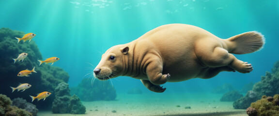 Fototapeta premium Sea lion swimming underwater with fish 