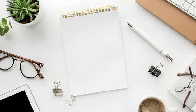 Blank brochure on white background, above view. Mock up for design