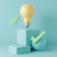 Yellow lightbulb above blue cube with checkmarks.