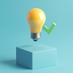 Yellow lightbulb with checkmark on blue cube.