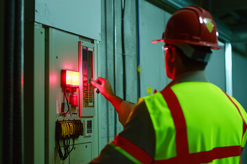 safety officer checking electrical panel at manufacturing plant