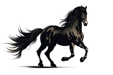 illustration black horse with long hair is running isolated on white background