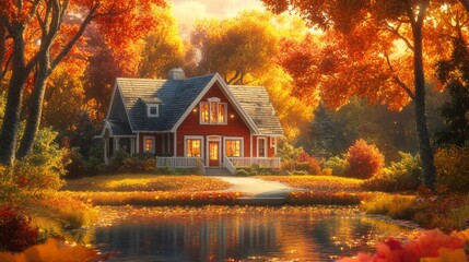 Fototapeta premium Quaint farmhouse surrounded by autumn trees, water drops glistening on leaves, soft and warm tones generative ai