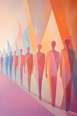 Fototapeta premium vertical illustration of a group of abstract human figures marching forward, stylized flags and signs in the background, symmetrical composition with soft pastel colors