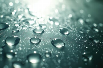 Glass texture with glistening water drops illuminated by bright light from above