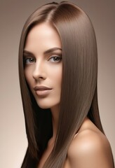 Naklejka premium Portrait of a girl with smooth long chocolate brown hair, macro, close up, mocha mousse fashion trend 2025