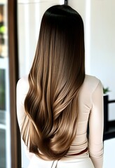 Back view of woman with beautiful long curly wavy brown hair, mocha mousse fashion style 2025