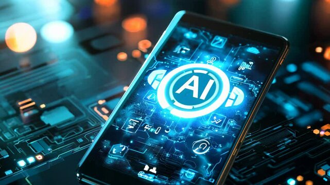 A smartphone screen showing the text AI with various app icons around it, showcasing how AI enhances applications and user experiences on smartphones