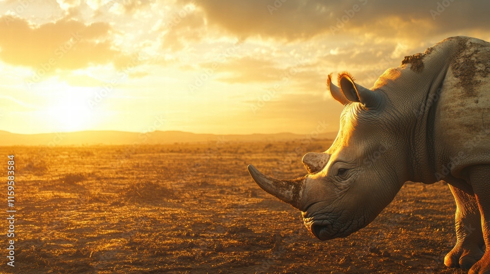 Aufkleber rhino stands in a barren savanna at sunset with copy space for text. generative ai