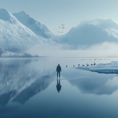 Solitary Ice Skater on Frozen Lakeside with Flock of Geese in Flight Serene Digital Landscape