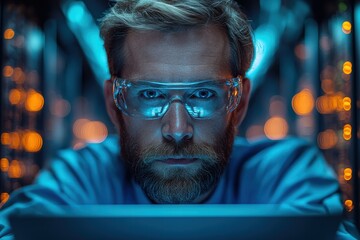 IT specialist works on a laptop surrounded by servers in a data center