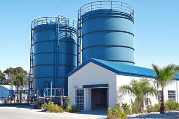 Fototapeta premium Industrial water storage tanks beside a modern facility