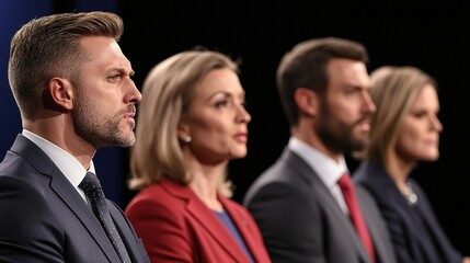 The image shows four individuals in a professional setting, likely during a debate or discussion, displaying focused expressions and formal attire.