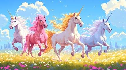 A vibrant scene of four colorful unicorns running through a flower-filled meadow.