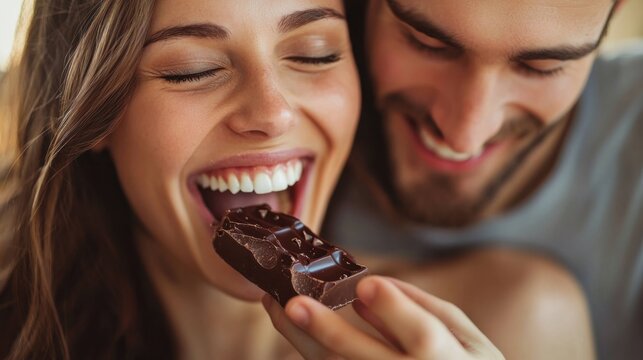 Love, happy couple eat chocolate in bedroom and care with smiling or laughing. Valentines day, married people sharing sweet snack and spending quality time in their home and romance or caring