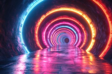 Neon circles create an enchanting digital tunnel illusion