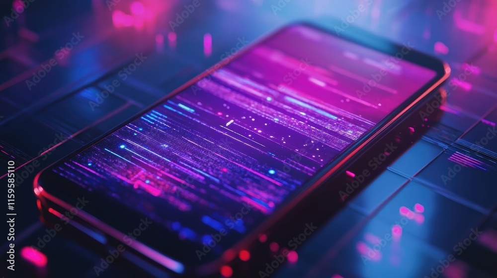 Poster social media news feed displayed on smartphone screen with vibrant digital graphics in a modern sett