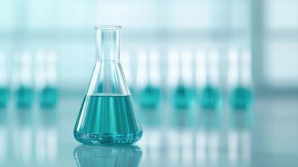 Laboratory experiment with blue solution in beaker scientific environment macro photography perspective