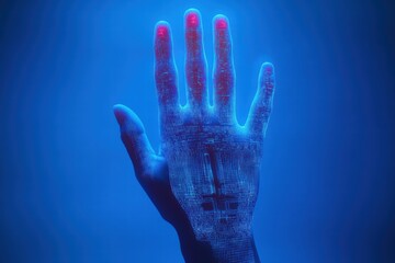 Silhouette of a hand with biometric scanners illuminated against a blue background